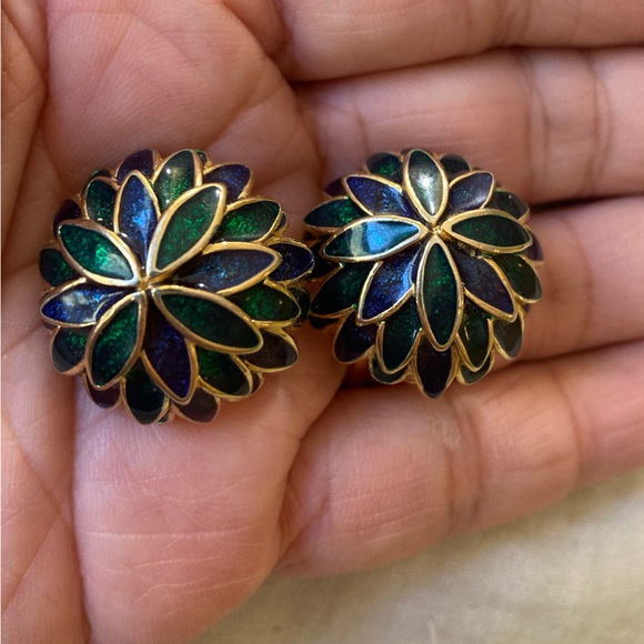 Erwin Pearl Blue & Green Enameled Vintage Clip on‎ Earrings - Picture 8 of 8